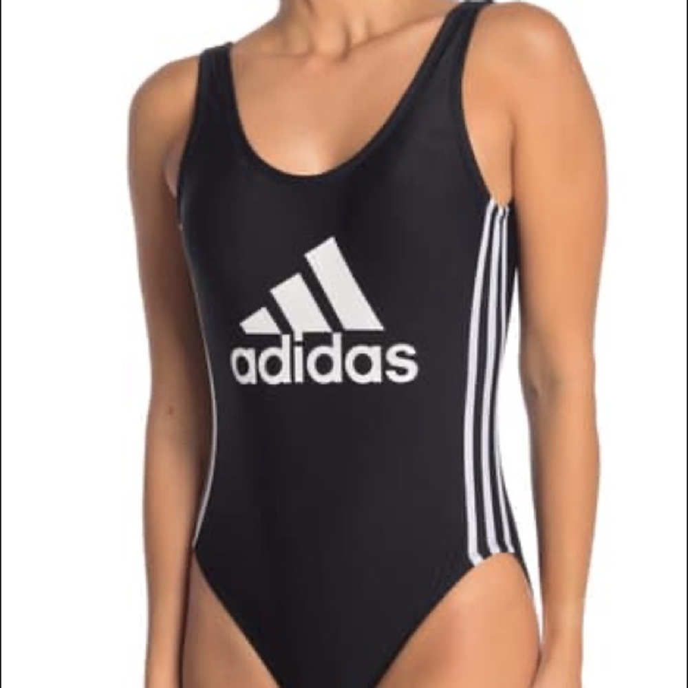 ADIDAS Logo Stripe One-Piece Black Swimsuit Size L